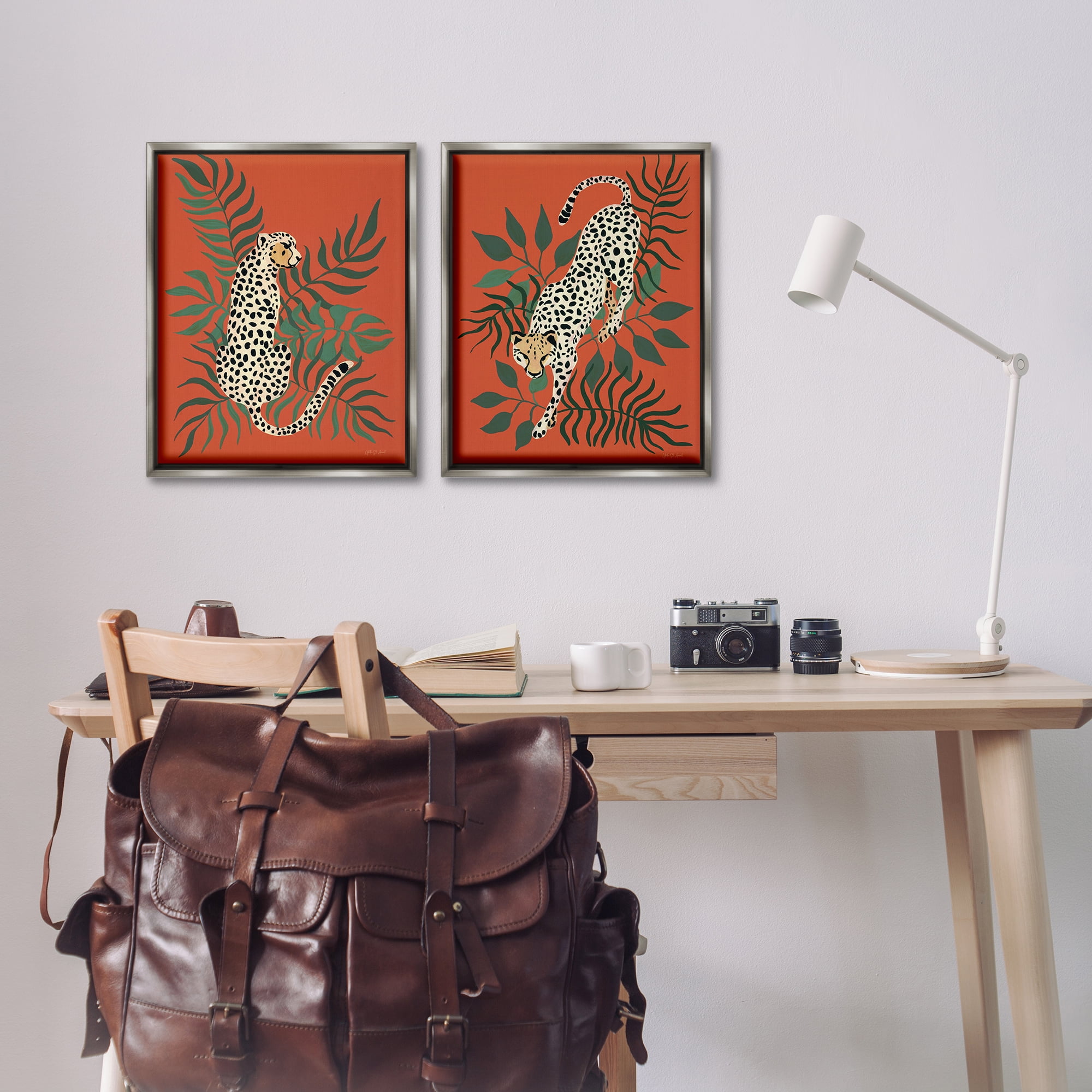 Stupell Industries Sitting Cheetah Prowling Jungle Animals Painting Gray Floater Framed Canvas Art Print Wall Art, 17 x 21, Set of 2