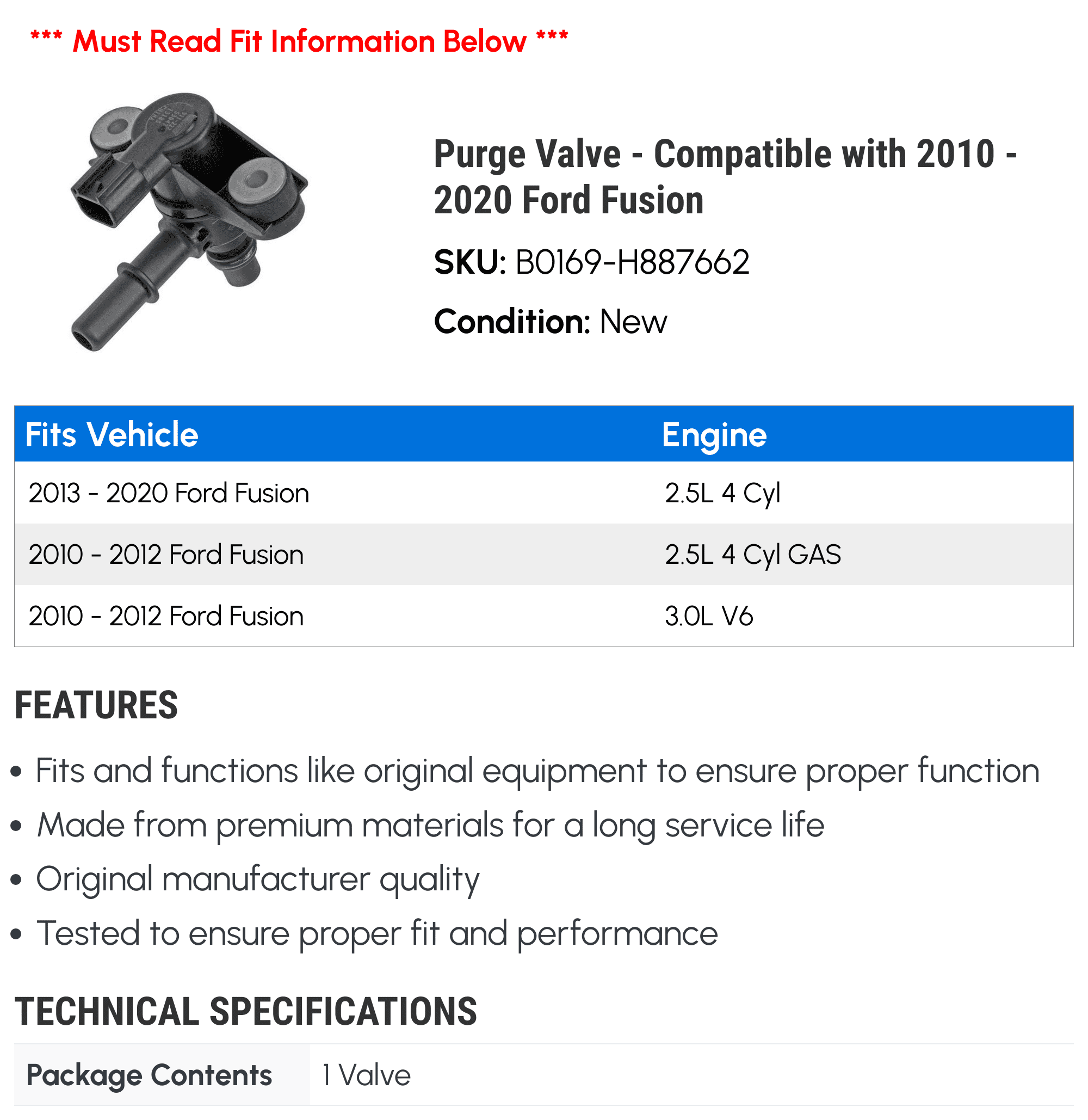 Purge Valve - Compatible with 2010 - 2020 Ford Fusion 2011 2012 2013 2014 2015 2016 2017 2018 2019
