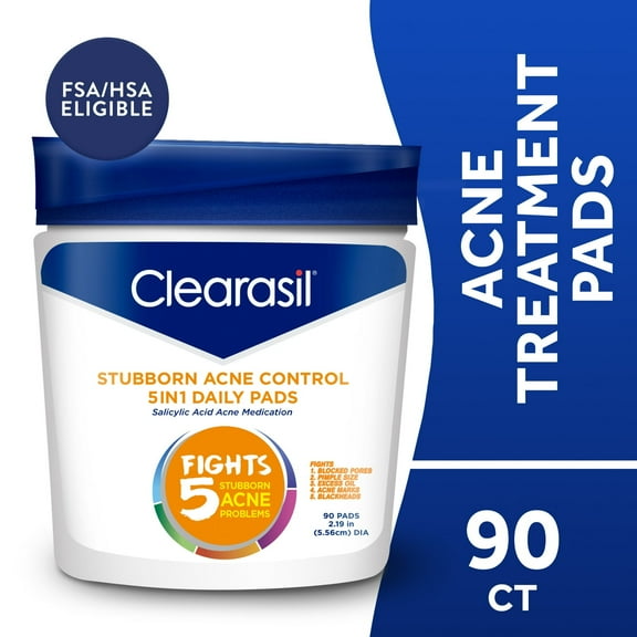 Clearasil Stubborn Acne Control 5 In1 Daily Cleansing Face Pads, 90 Ea, 3 Pack