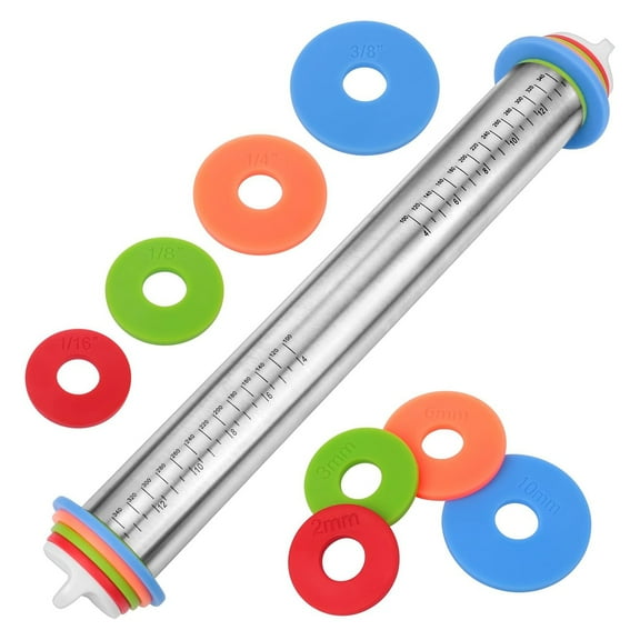 Adjustable Stainless Steel Rolling Pin with 4 Thickness Rings (2-10mm) – 43cm Dough Roller for Cookies, Pizza, Pasta & Fondant