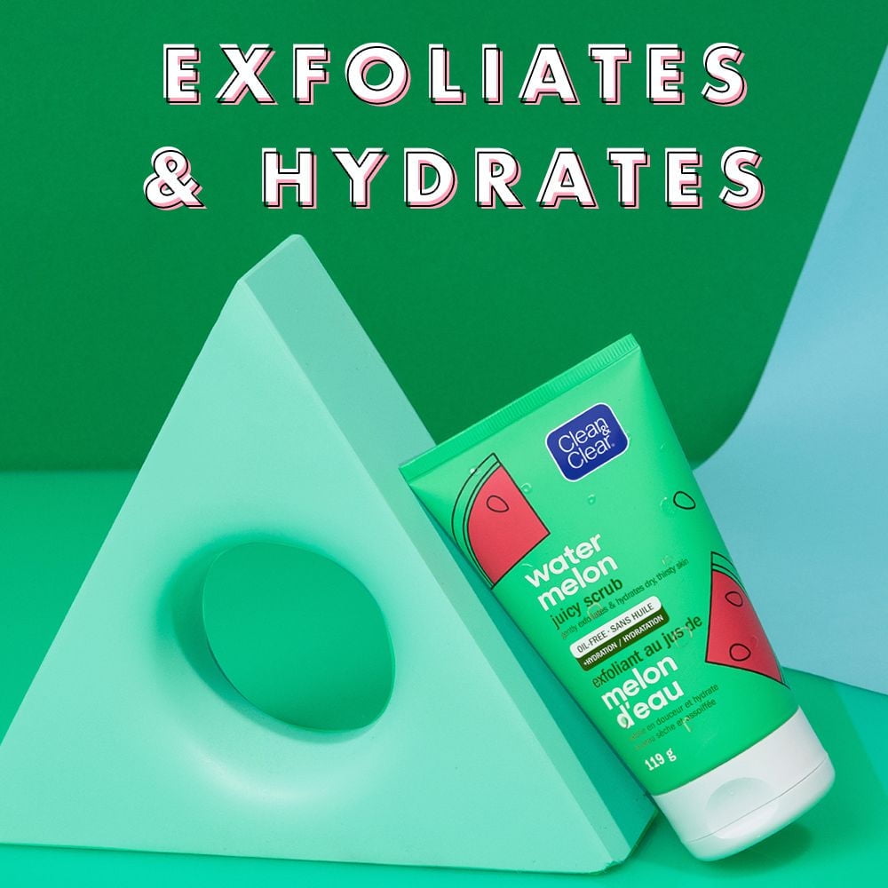 Clean & Clear Hydrating & Exfoliating Watermelon Juicy Scrub, Buffs Dirt & Oil While Cleansing & Quenching Dry Skin, Gentle & Oil-Free Daily Facial Cleanser