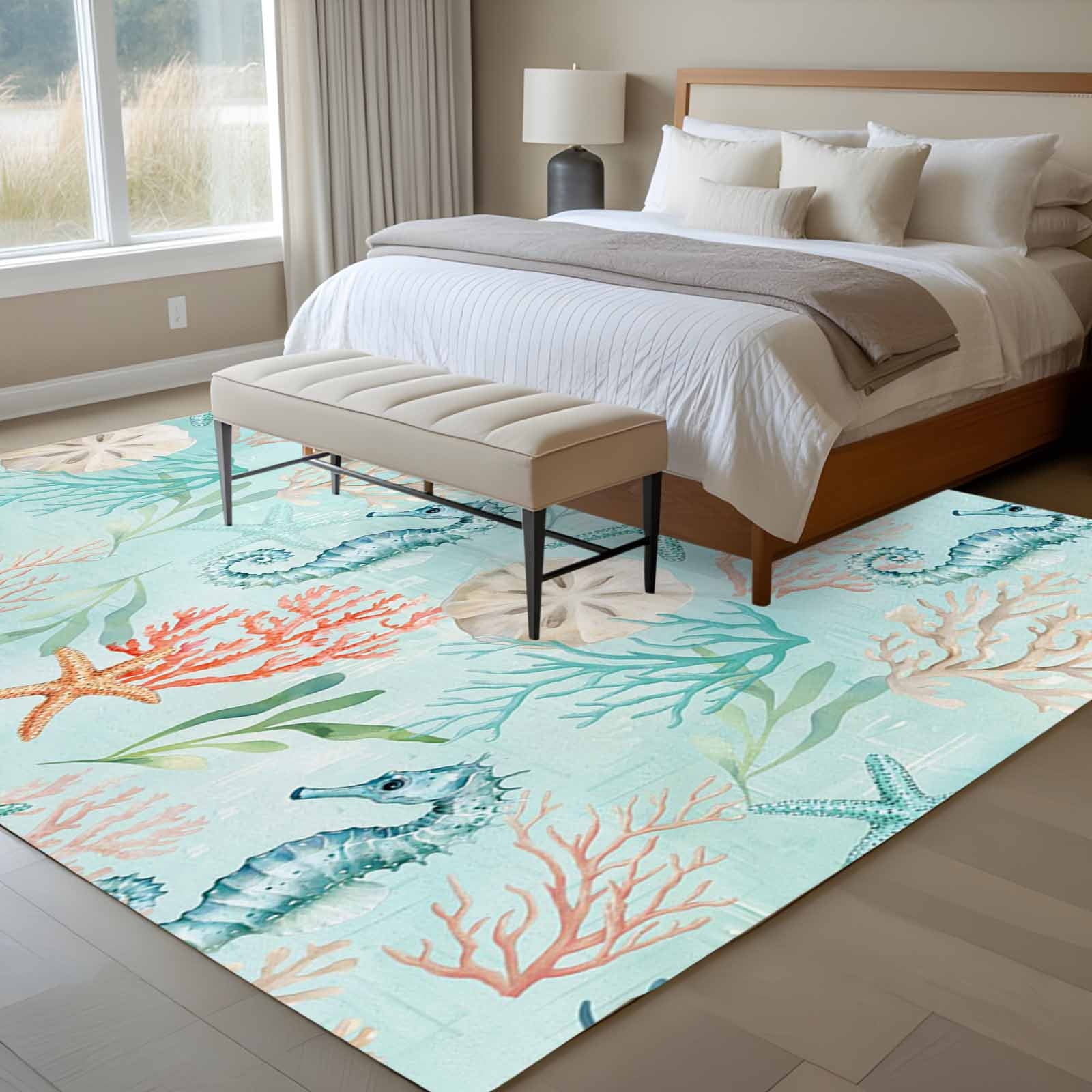 Large Area Rugs for Living Room Bedroom, Teal Red Coastal 5'x8' Rug Washable Carpet Runner Indoor Outdoor, Nautical Seahorse Beach Coral Starfish Non Slip Floor Mats Rug for Kitchen, Bathroom