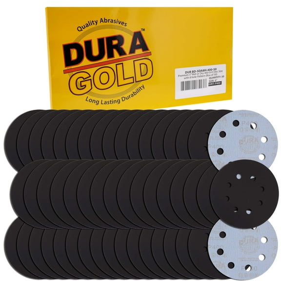 Dura-Gold Premium 5" 8-Hole Wet or Dry Sanding Discs - 400 Grit, Box of 50 - High-Performance Sandpaper Discs with Hook & Loop Backing, Fast Cutting Silicon Carbide, Color Sanding, Car Auto Polishing