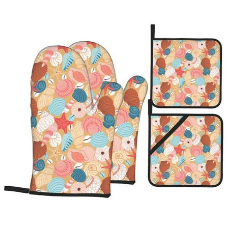 

Oven Mitts and Pot Holders 4 Piece Brightly Colored Conch High Heat Slip Resistant Oven Mitt and Trivets Set Kitchen Oven Glove Pot Holders for Cooking Baking Grilling