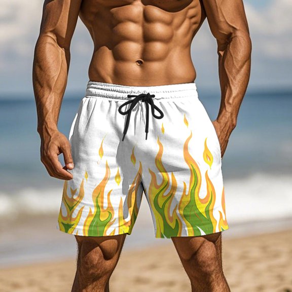 Yaoyar Men's Flame Graphic Print Fun Dual Beach Shorts with Pocket Casual Summer Swim Beach Sports Shorts Fast-Drying Trousers,Yellow,3XL
