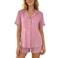 thumbnail image 3 of Bxsruta Women's Short Sleeve Button Down Pajama Set Notch Collar Scallop Trim High Waisted Adjustable Drawstring Ruffle Shorts 2 Piece Soft Breathable Loungewear, 3 of 8