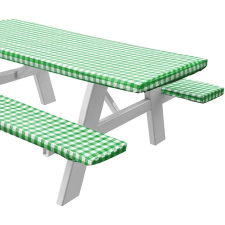 Sorfey Vinyl Picnic Table and Bench Fitted Tablecloth Cover  Checkered Design  Flannel Backed Lining  28 x 72 Inch  3-Piece Set  Green