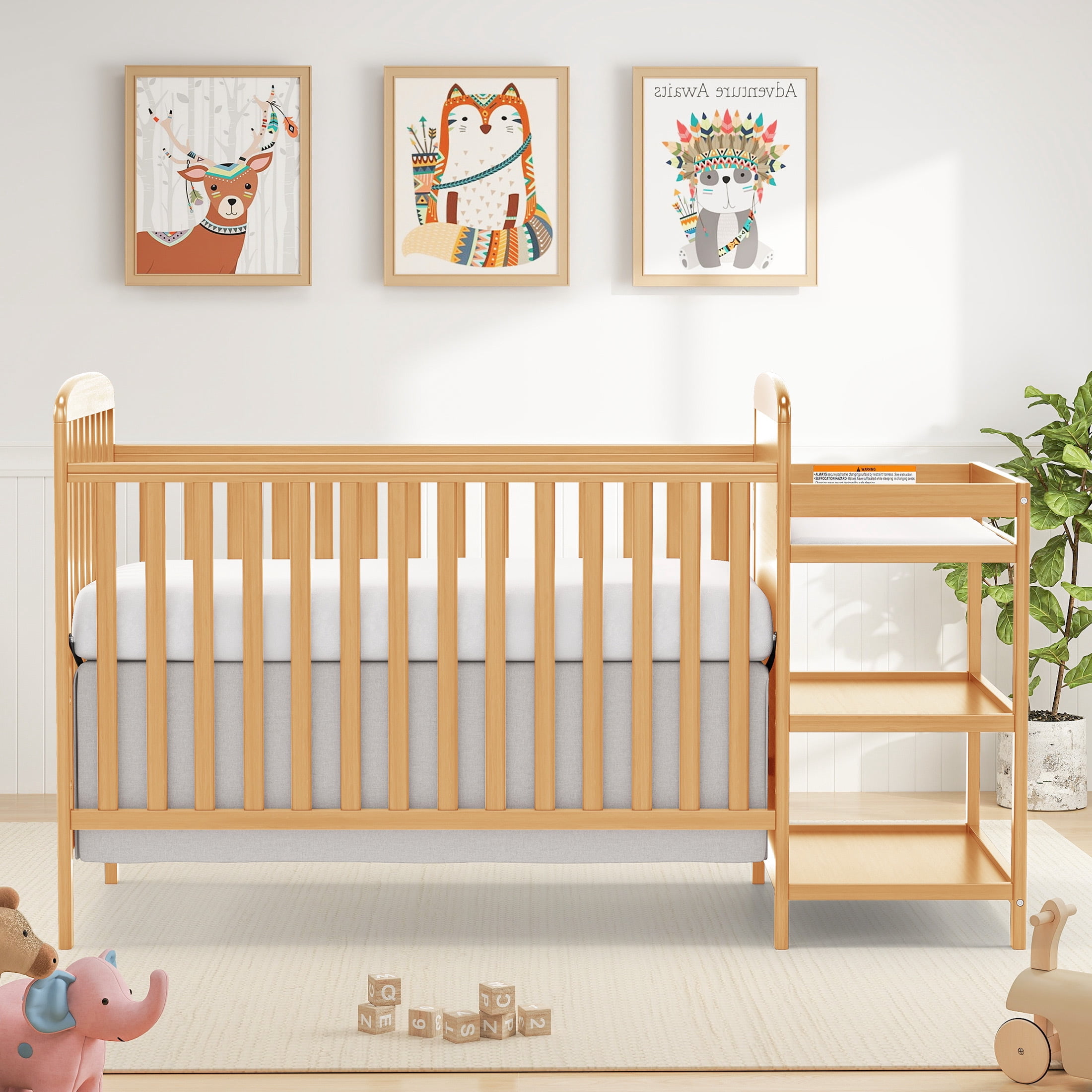 Conchico 3-In-1 Convertible Crib and Detachable Changer, New Zealand Pinewood Baby Crib, Toddler Daybed Bed with 3 Heights, Non-Toxic Finish, Easy to Assemble, Natural
