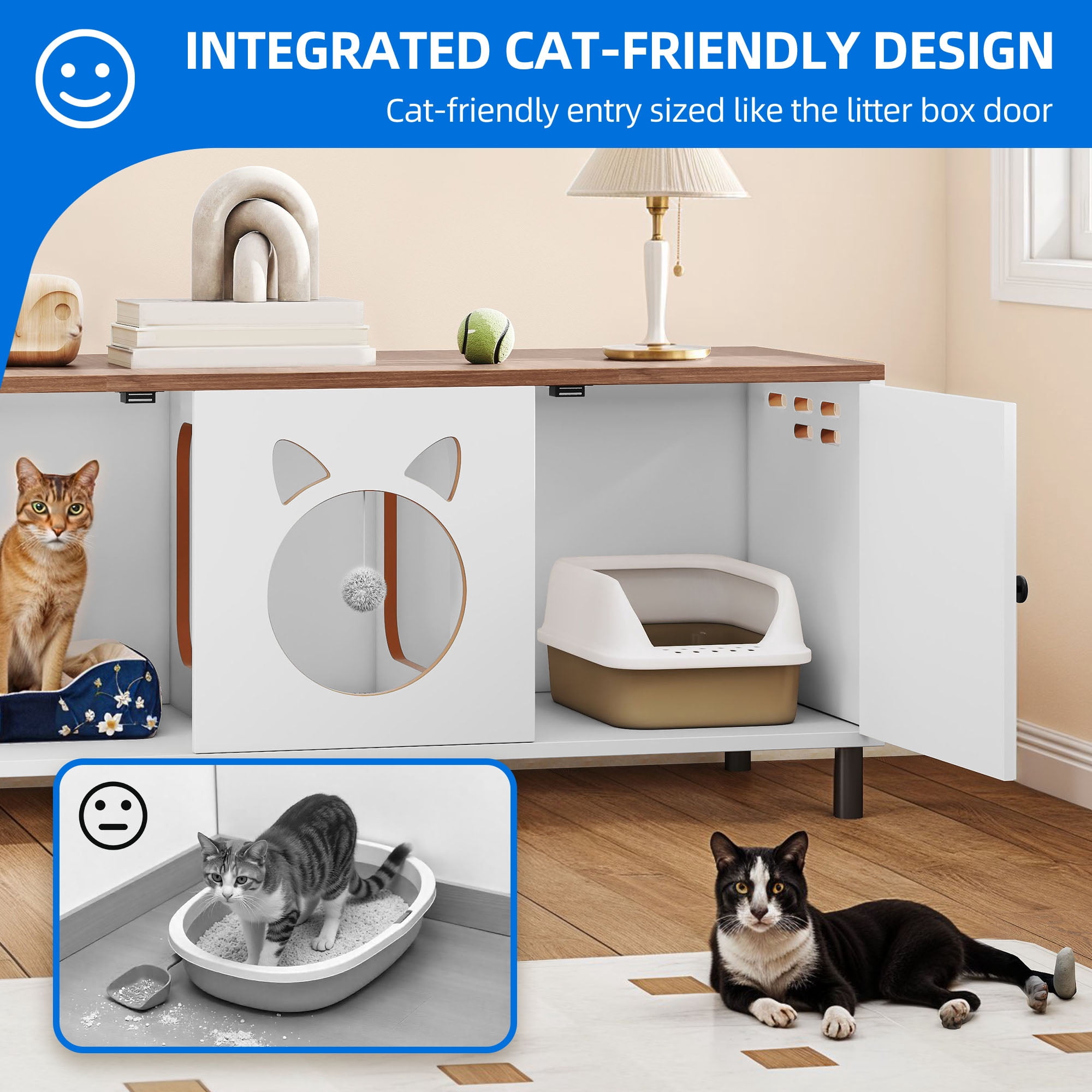 Dextrus Litter Box Furniture Hidden for 2 Cats,Large Wooden Cat Litter Box Enclosure with Double Room, Cat Washroom Furniture, End Table, White
