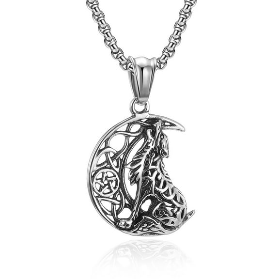 ICTPTOSL Wolf Pendant Necklace 925 Sterling Silver Crescent Norse Viking Wolf Jewelry Gift for Women Men