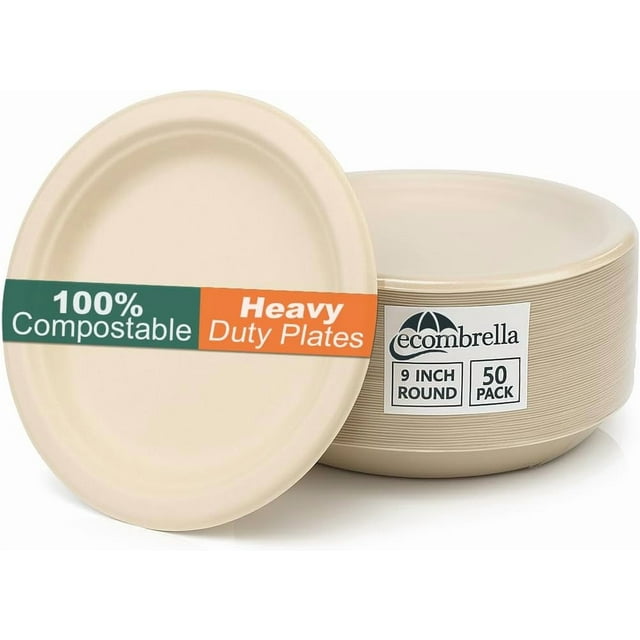 9 Inch Compostable Paper Plates - Heavy Duty Disposable Sugarcane Bagasse Plates - Unbleached, Microwave Safe, Hot & Cold Disposable Party Plates - Ecombrella 9 inch Round Plates 50 pcs 1 Set