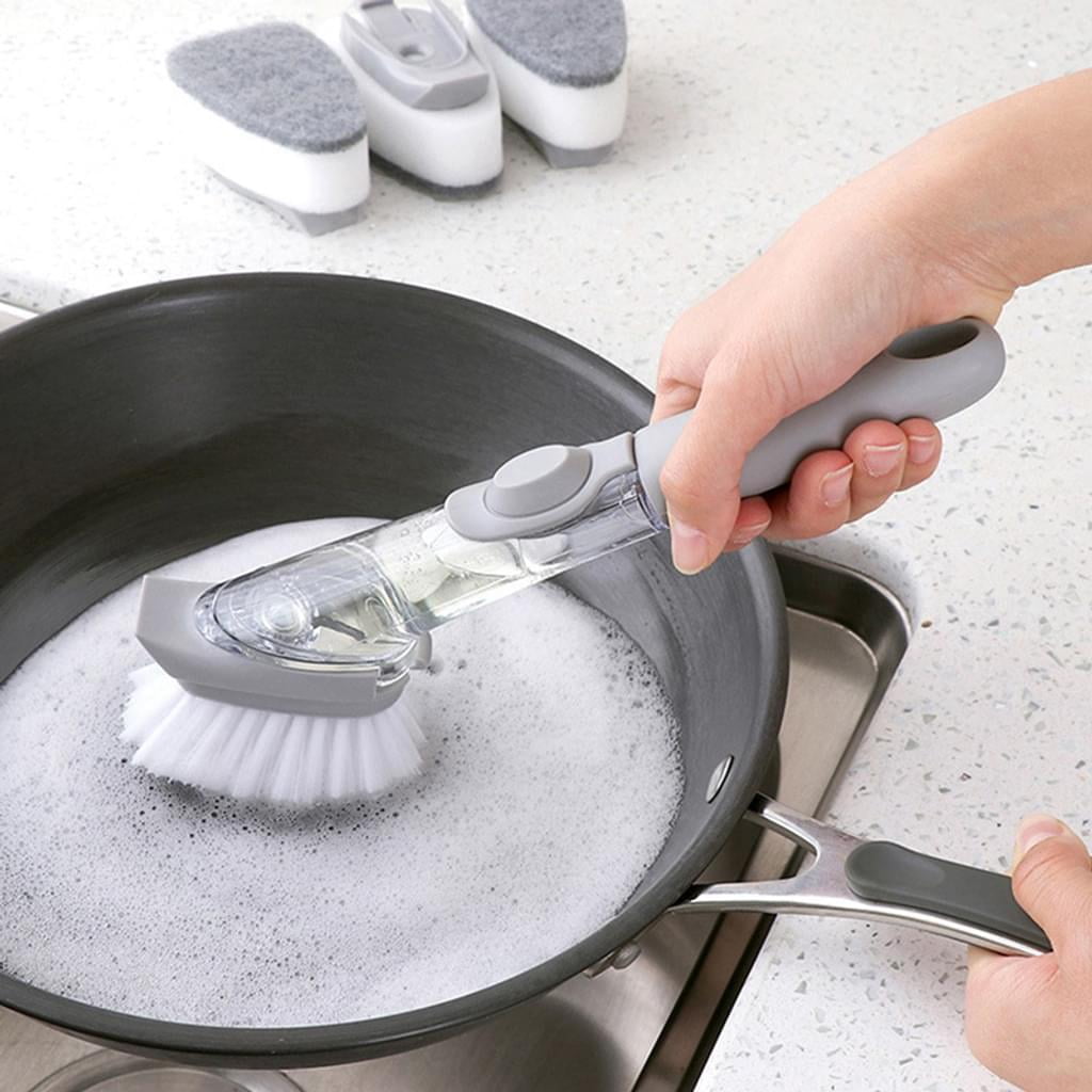 2pcs Automatic Liquid Kitchen Cleaning Brush,Dish & Pot Cleaning Sponge  With Handle,Removable Reusable Dishwashing Tool, Sponge Wipes.