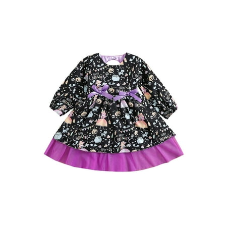 

One opening Toddler Baby Girls Halloween Patchwork Dress Pumpkin Cat Print Long Sleeve Round Neck One-piece with Bows 1-7Y