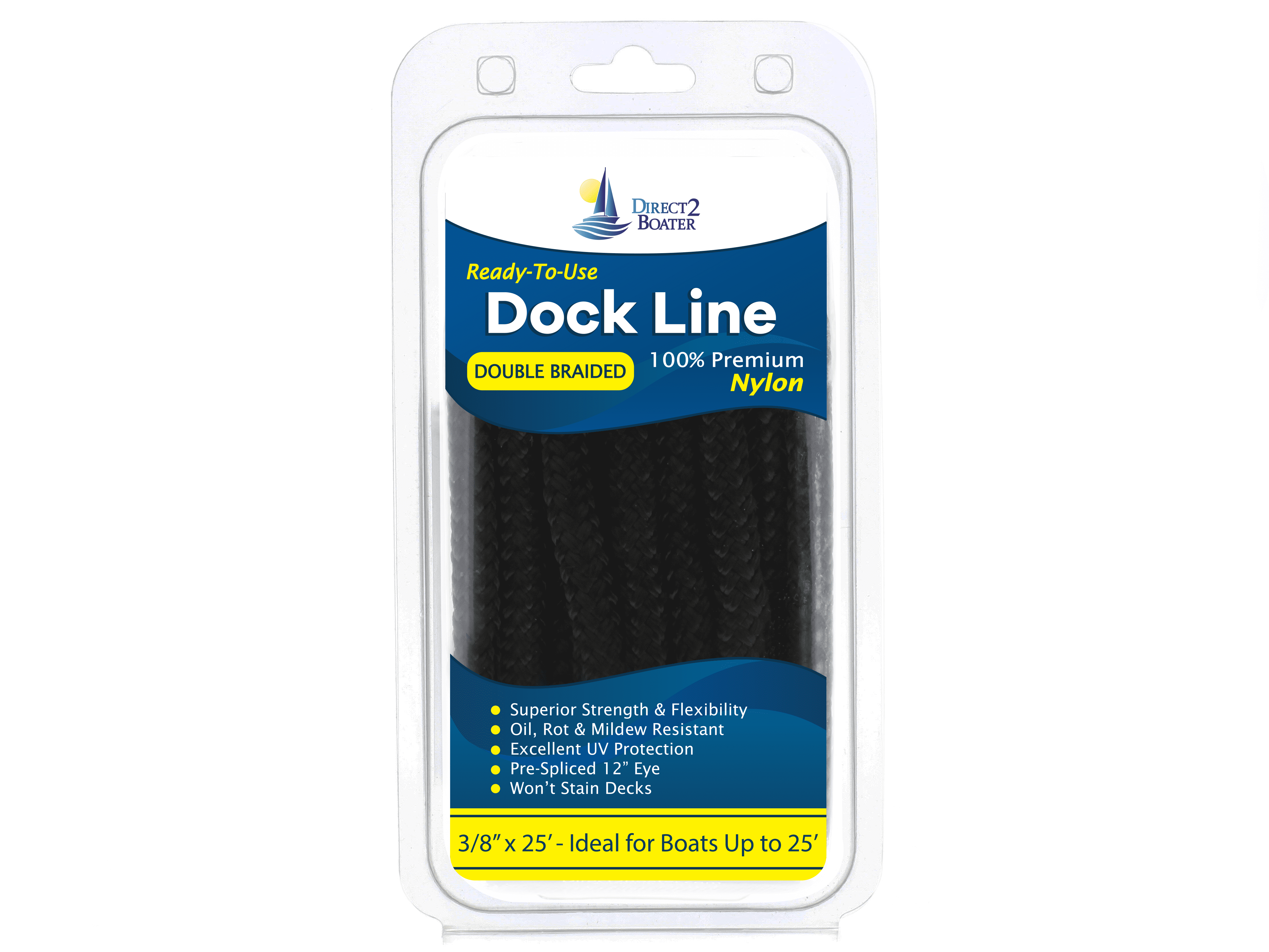 3/8" x 25' Black Double Braided 100 Premium Nylon Dock Line For