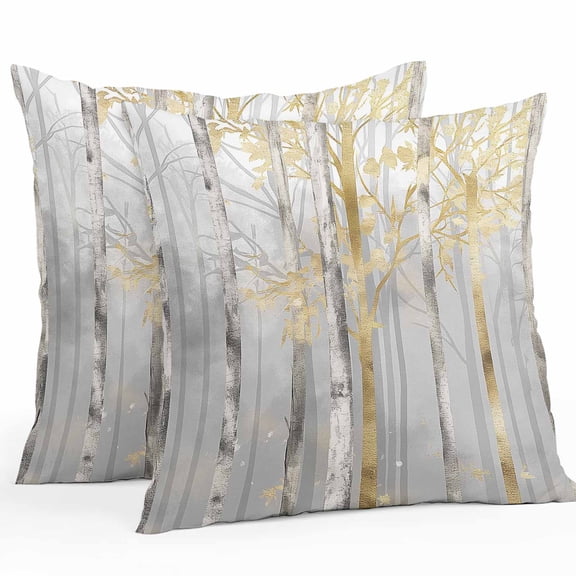Throw Pillow Covers 26x26 Inch Set of 2, Golden Grey Tree Waterproof Outdoor Pillow Covers, Oil Painting Forest Abstract Art Decorative Cushion Pillowcases for Couch, Sofa, Bed, Garden, Patio