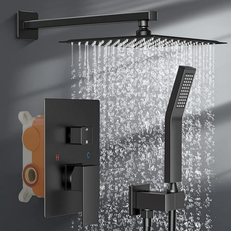 

JSTCL Shower Faucet Set12 Black Rain Shower Head Ceiling Mount with Handheld SprayHigh Pressure Bathroom Mixer Shower Set Wall Mounted Shower System Rough-in Valve and Trim Kit