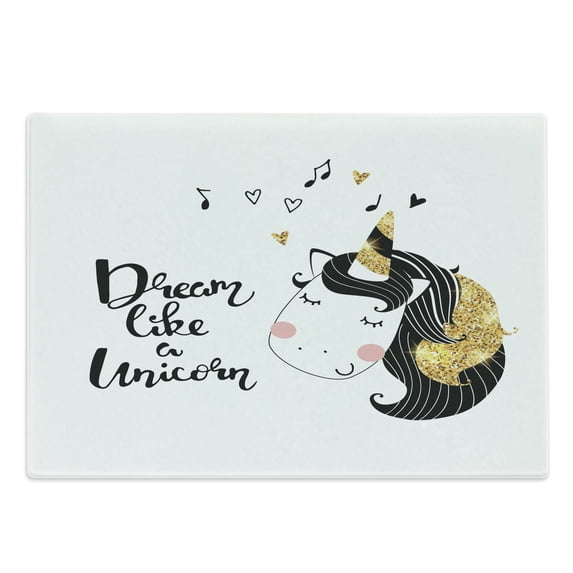 Saying Cutting Board, Print of Dream Like a Unicorn Calligraphy with Music Horned Horse, Decorative Tempered Glass Cutting and Serving Board, in 3 Sizes, by Ambesonne