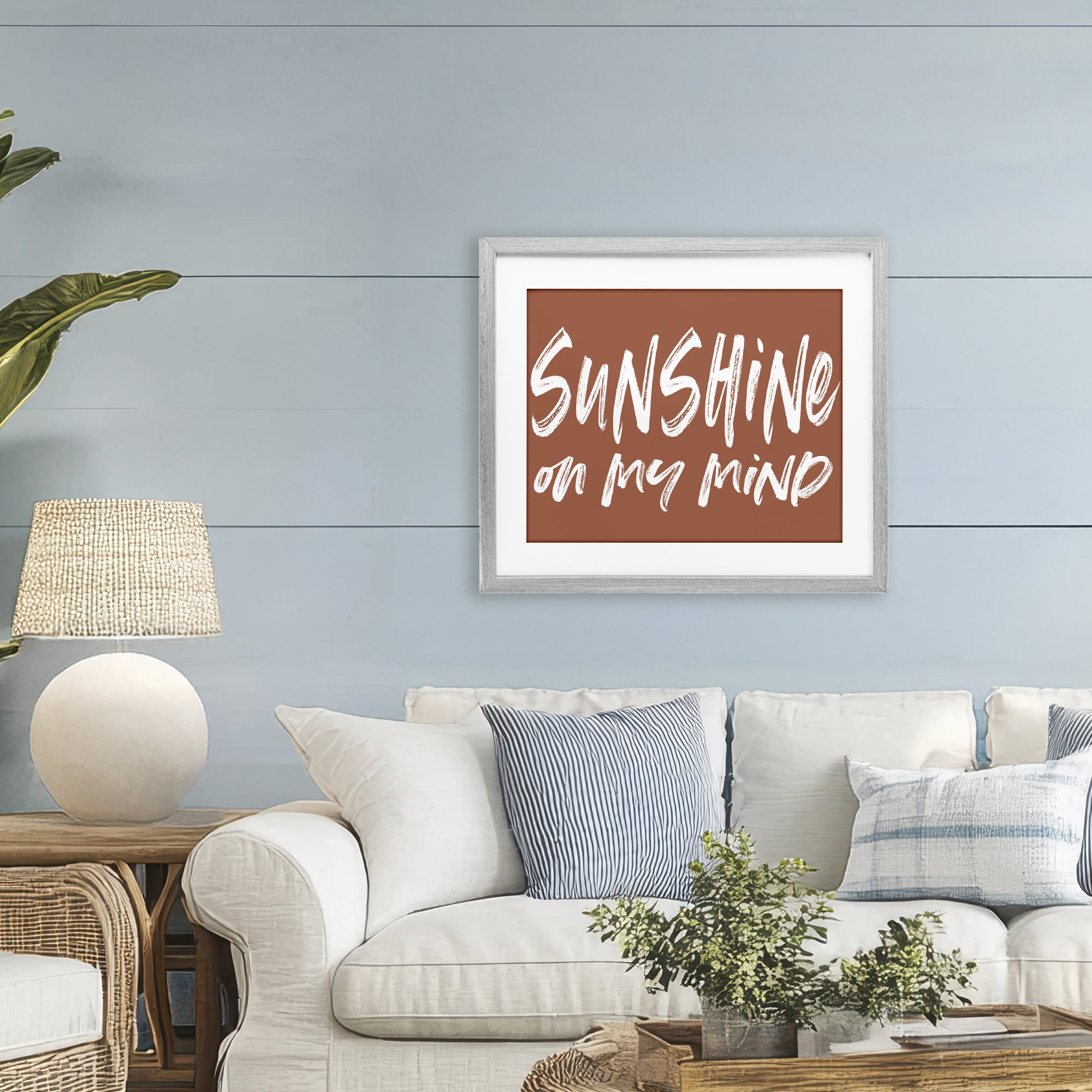 Sunshine State Of Mind Brown Gray Framed Print Under Glass, design by Lettered and Lined