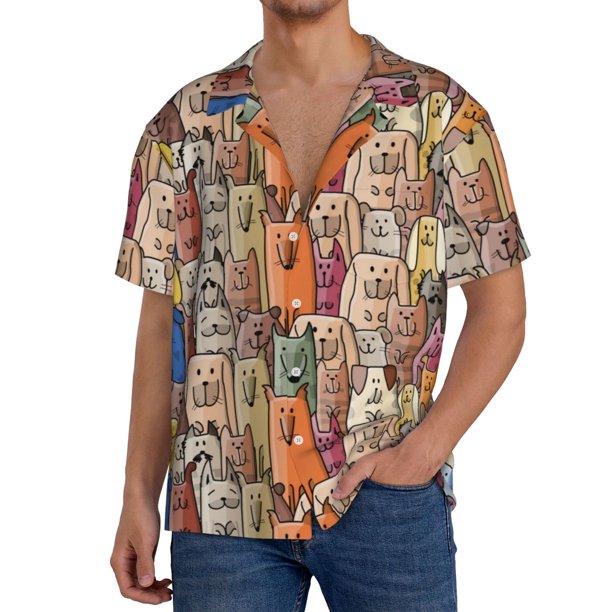Fotbe Funny Dogs Family Camisa Estampada de Manga Corta para Hombre, Casual de Verano, Estilo Playero, Sin Arrugas-Small