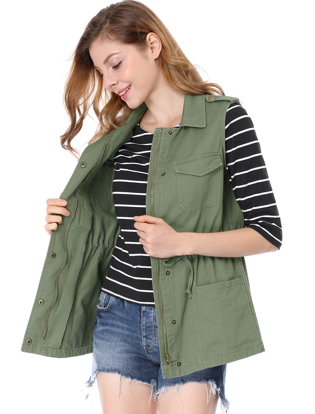 DARING DIVA Women Functional Pockets Drawstring Waist Cargo Vest 3XL Green
