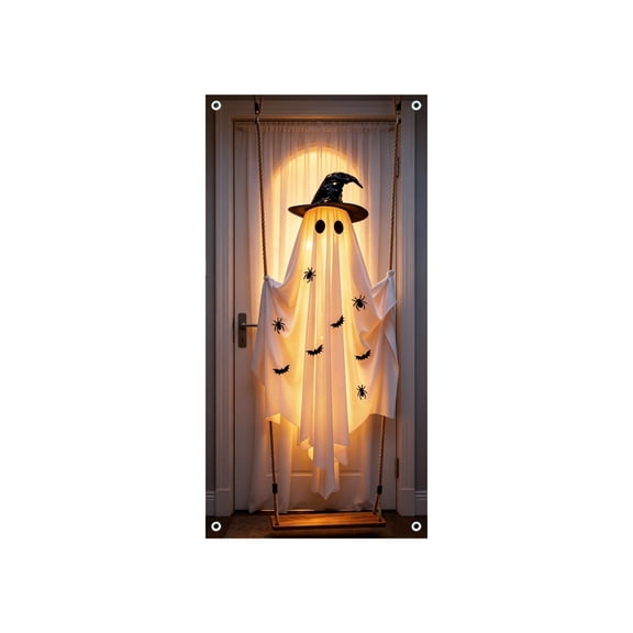 Floleo Halloween Door Cover 71x35 in Hanging Ghost Curtain, Spooky Pumpkin Wall Decor for Front Door Party, Indoor Outdoor Holiday Decoration