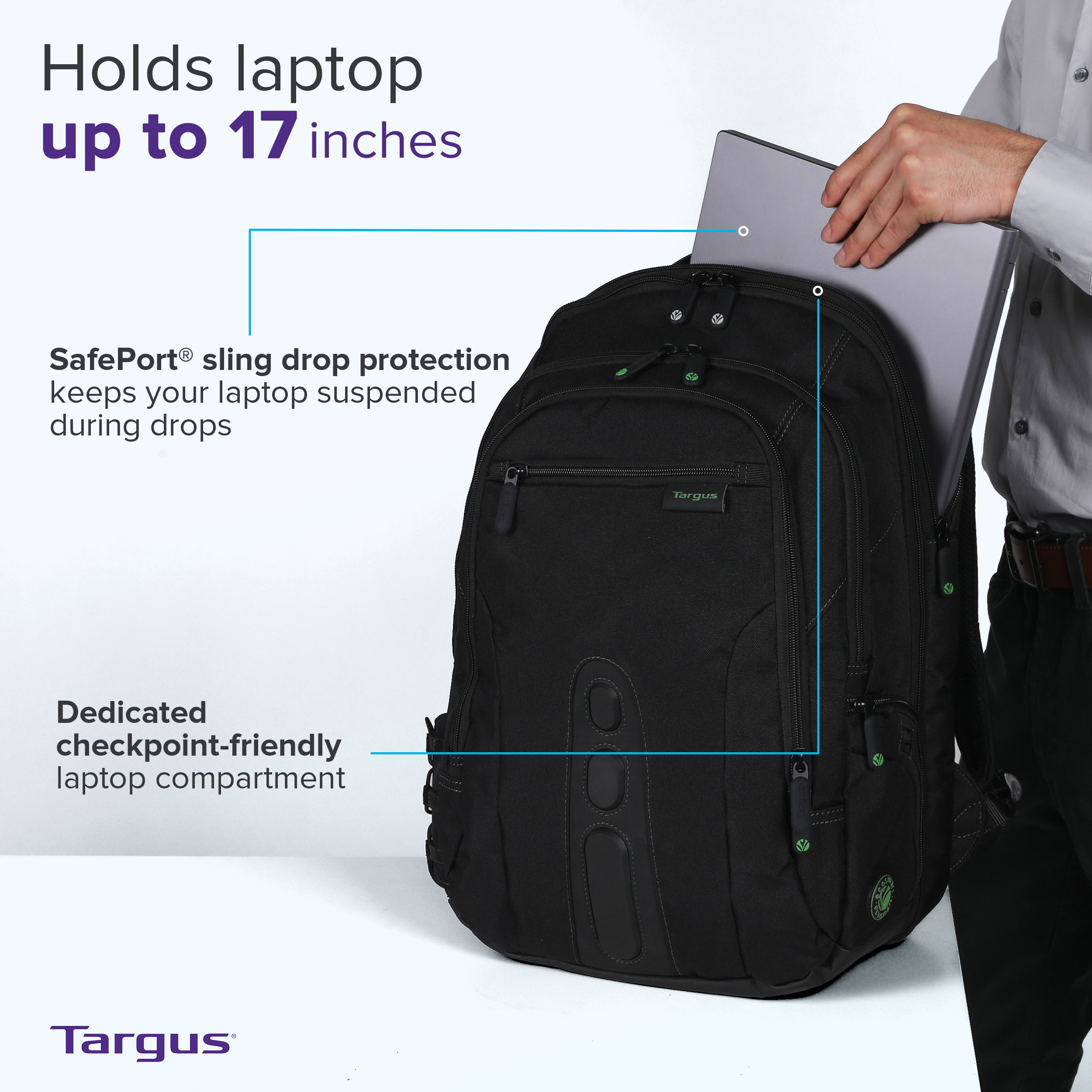 Targus EcoSmart TBB019US Carrying Case (Backpack) for 17" Notebook - Black, Green - image 5 of 9