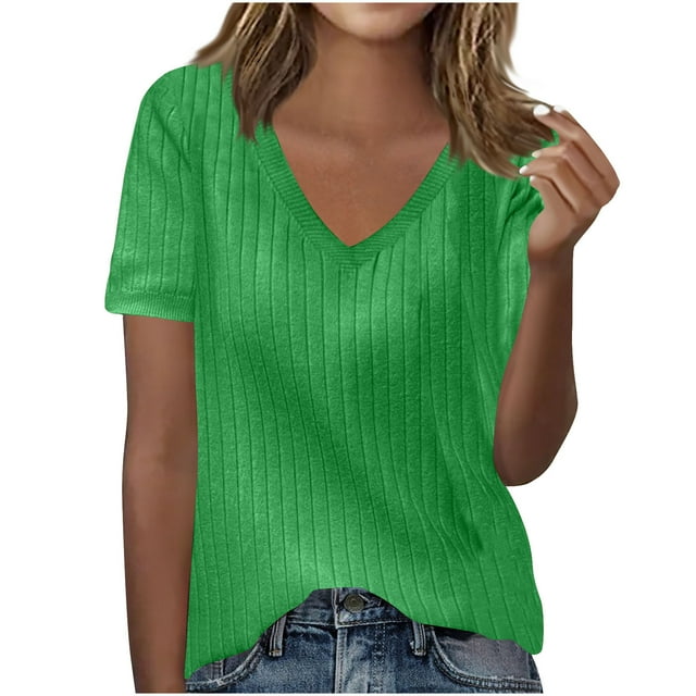 Dealovy Summer Tops for Women Casual V Neck Shirts Short Sleeve Tees Solid Color Ribbed Loose Dressy Blouses