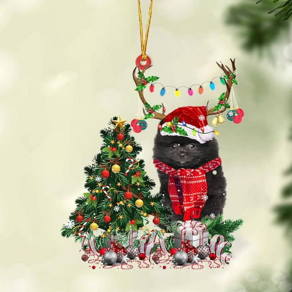 Acrylic 2D FLAT BLACK Pomeranian-Christmas Tree Gift Hanging Ornament