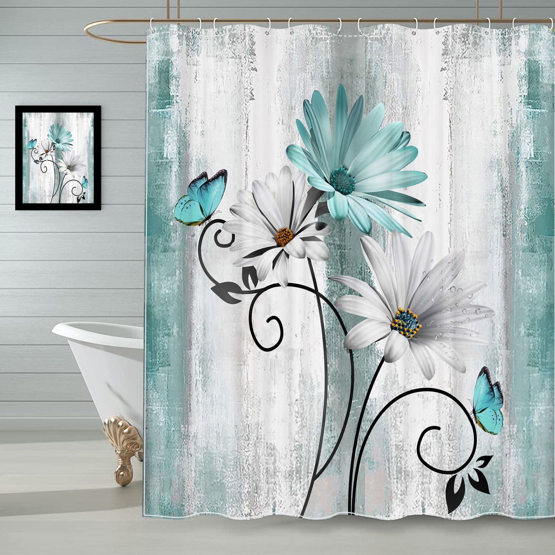 Aosijia Rustic Farmhouse Shower Curtain Farm Teal Daisy Floral Flowers