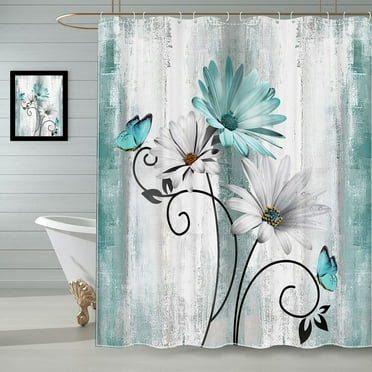 Rustic Farmhouse Shower Curtain, Farm Teal Daisy Floral Flowers and Butterfly on Country Wooden Shower Curtain for Bathroom, Turquoise Blue with 12PCS Hooks, 70X70IN