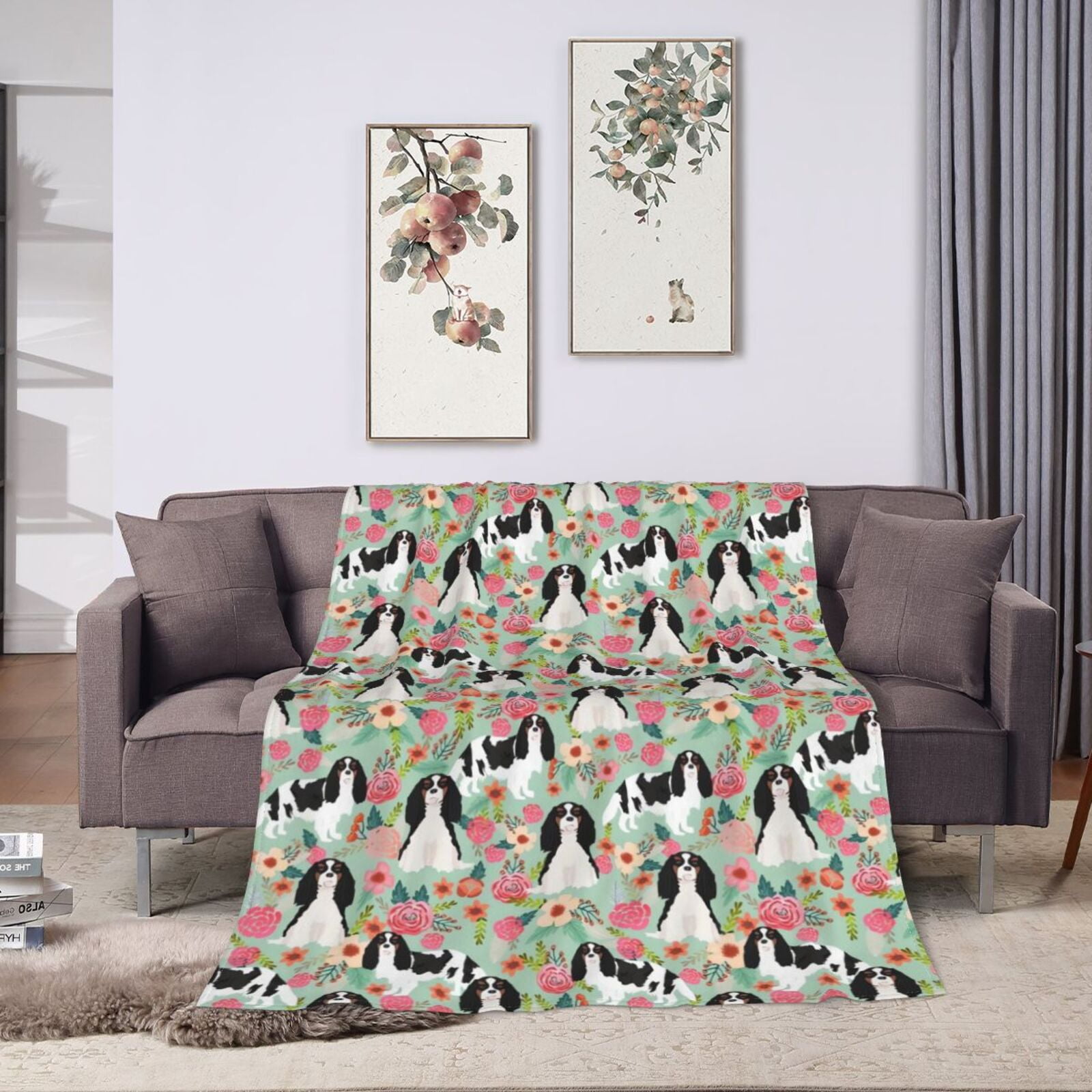 Wijzvio Spaniel Dogs Flower Floral Throw Blanket Soft Fuzzy Fleece Blanket For Couch Bed Living Room Decoration 50"X40"