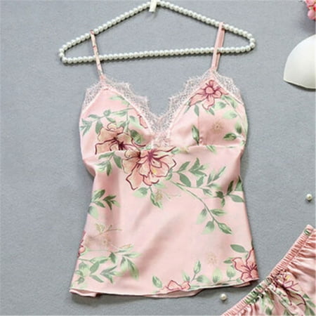 

Kiapeise 2pcs/set Women Silk Satin Lace Robe Shorts Sleepwear Babydoll Nightdress Pajamas