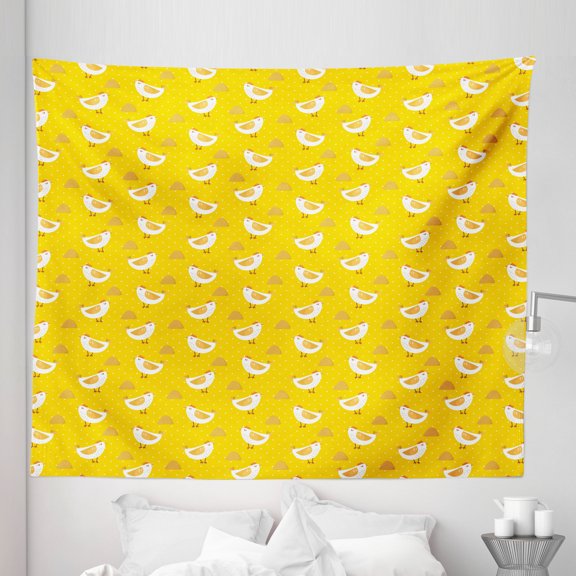 Polka Dot Tapestry, Pattern with Cartoon Chicken and Haystack on Yellow Background, Fabric Wall Hanging Decor for Bedroom Living Room Dorm, 5 Sizes, Earth Yellow Yellow, by Ambesonne