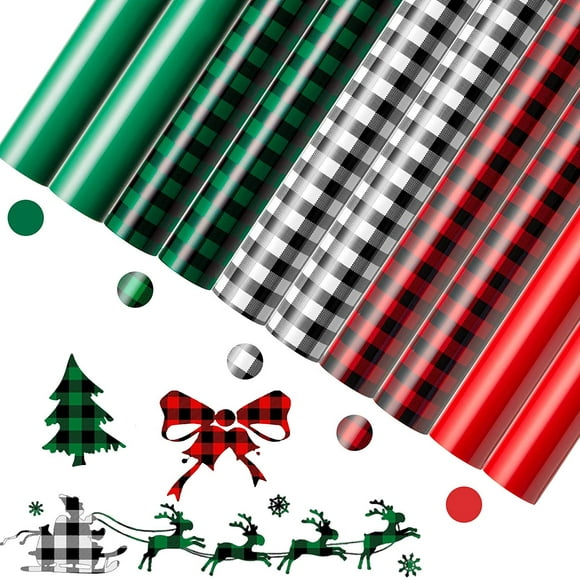 Noël Buffle Plaid Chaleur Transfert Vinyle Rouge Vert HTV Fer sur Vinyle Adhésif Feuille de Vinyle pour Bricolage Tissu T-Shirs Cadeaux de Noël Décoration de Noël, 10 Feuilles, 12 x 10 Pouces