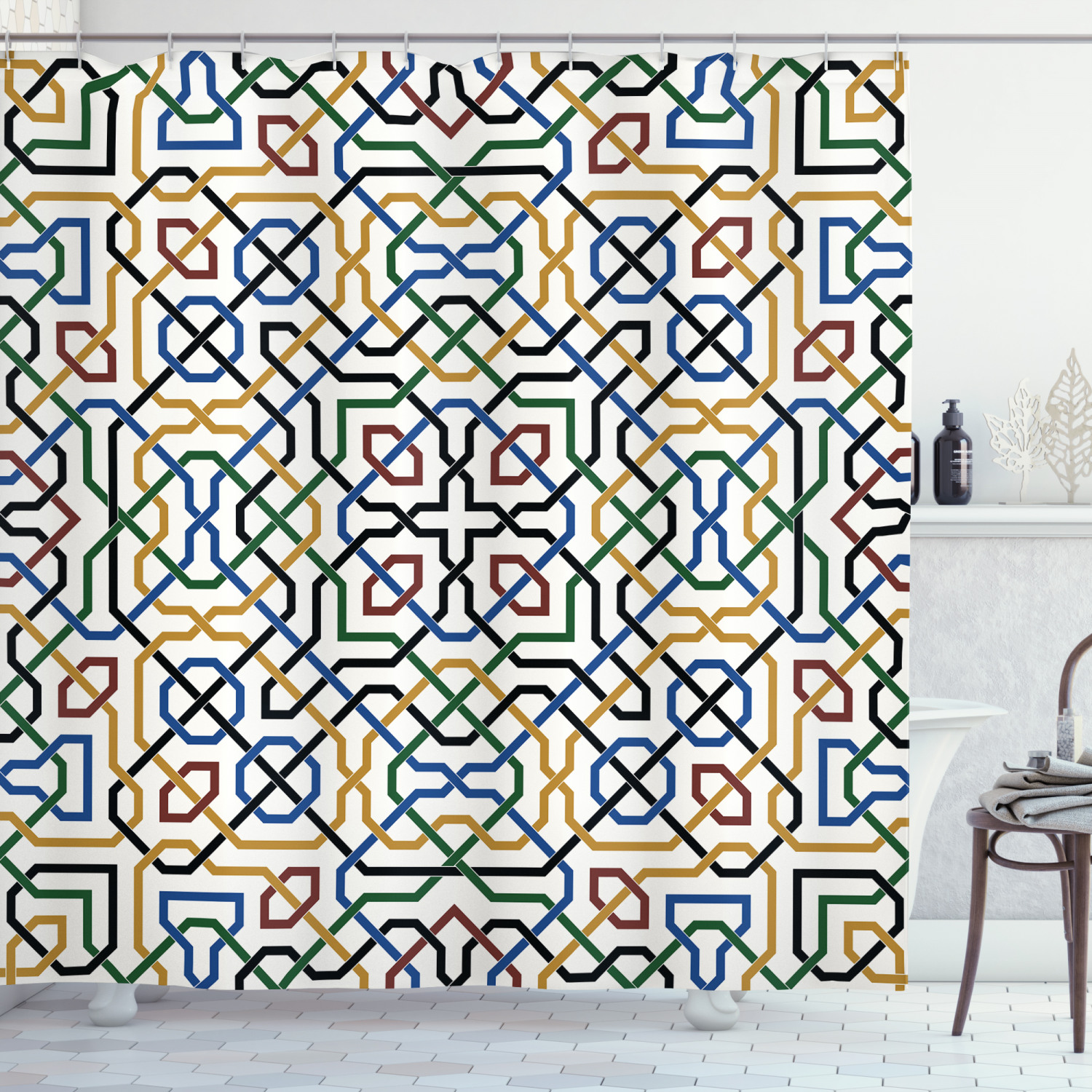 Moroccan Shower Curtain, Traditional Moorish Motif with Classic Ethnic