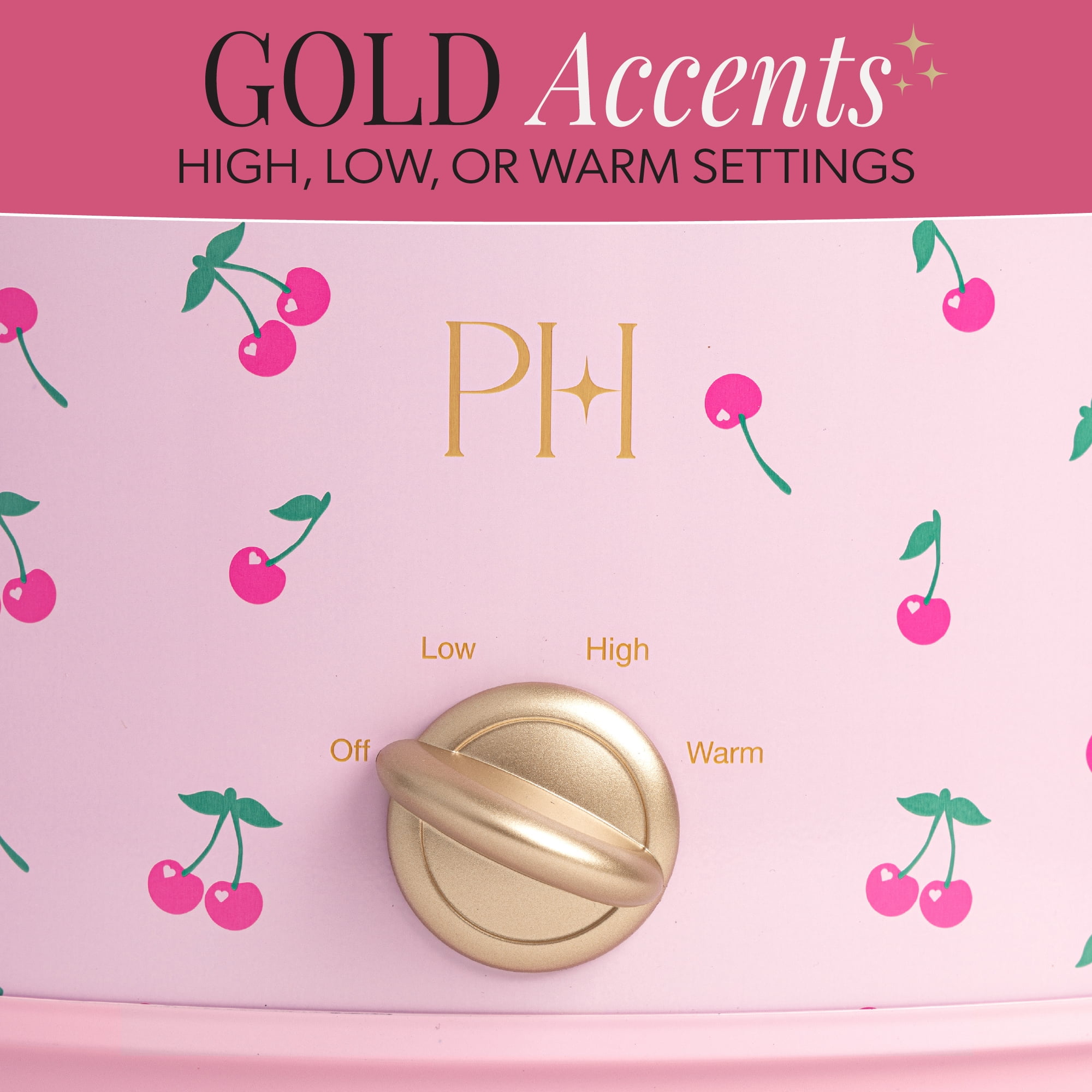 Paris Hilton 7-Quart Manual Slow Cooker with Removable Stoneware Pot and Tempered Glass Lid, 3 Heat Settings, Cherry Design, Pink