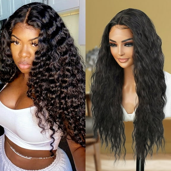 STUDIOCUT BY PROS 26" long wavy loose deep wave Swiss Lace Front Wig Middle part Realistic Hairline for Black women Heat Resistant Synthetic Wig DPL004 (1B-OFFBLACK)