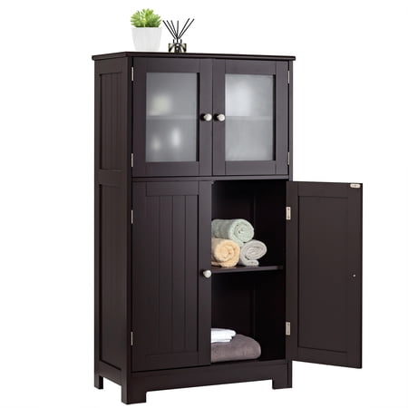 Giantex Bathroom Storage Cabinet w/Adjustable Shelf Freestanding Wooden Floor Anti-toppling Device Pantry Tempered Glass Doors for Kitchen Dining Room & Livingroom