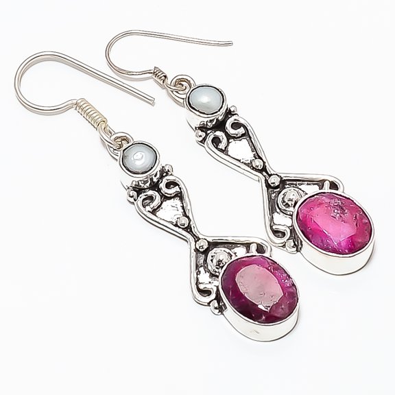 Ruby & Pearl (Simulated) 925 Sterling Silver Earring 2.15" TE7507-322, Gemstone Silver Jewelry, New Year Sale, Valentin's Day Gift
