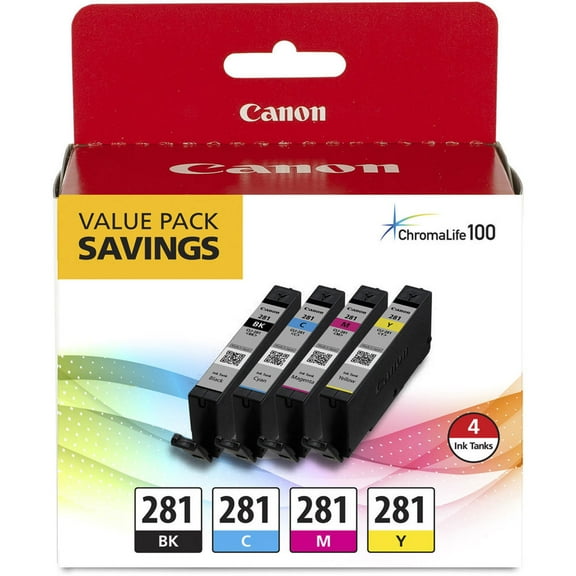 Canon CLI-281 BKCMY Combo 4-Pack of Black, Cyan, Magenta, and Yellow Ink Tanks for Select PIXMA TR, TS Series Printers