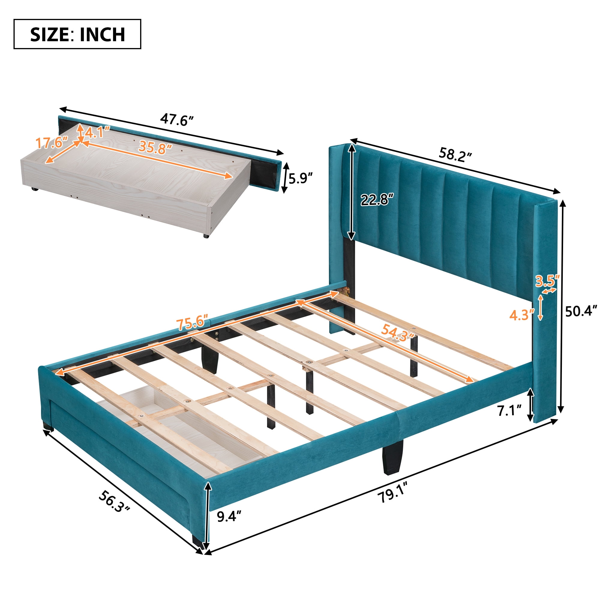 Leumius Full Size Platform Bed with A Storage Drawer,Velvet Upholstered Bed Frame with Wingback Vertical Channel Tufted Headboard,Blue