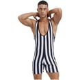 thumbnail image 2 of Zaldita Men's Striped Sleeveless Boxer Shorts Leotard Deep U Neck Racerback Slim Fit Rompers Black L, 2 of 6