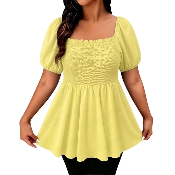 hlysgo Women's Square Neck Tops Plus Size Smocked Peplum Blouse Top Lantern Short Sleeve Flowy Cute Shirt Shirts Yellow,3xL