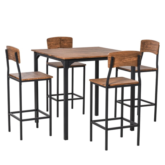 Counter Height Bar Table Set for 4, Square Kitchen Table and Chairs Set with Footrest, Metal Legs, Industrial Dinner Table Set for 4, Walnut