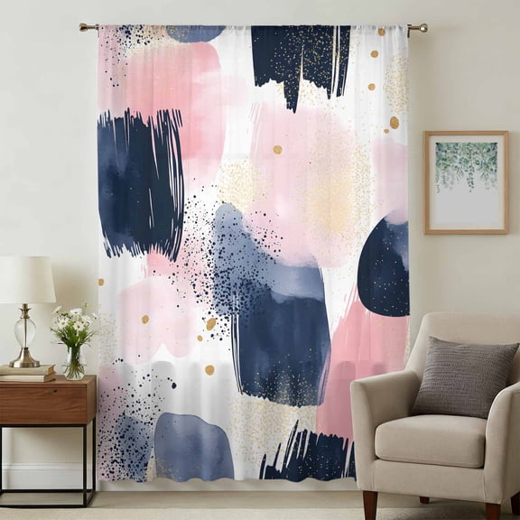 Navy Blue Pink Art Sheer Curtains 54 Inches Long, Abstract Contemporary Luxury Light Filering Curtains, Breathable Simi Curtain Privacy Drapes for Kitchen Bathroom Lightweight Small Window Treatment