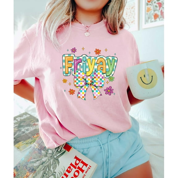 Happy Friyay Shirt, Friyay Checkered Shirt, Friday Tee, Checkered Coquette Bow Shirt