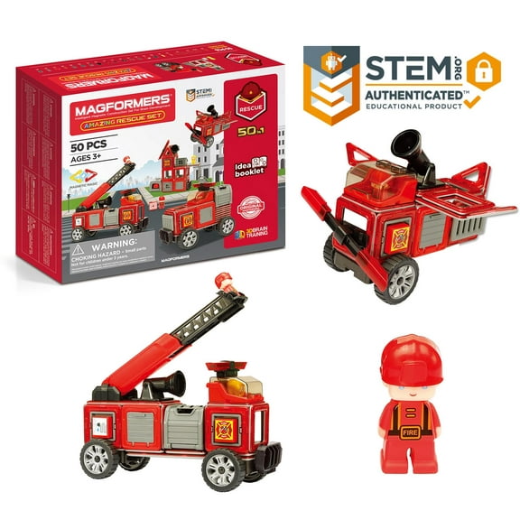 Magformers Amazing Rescue 50 Pieces, Wheels, red colors, Magnetic Geometric tiles STEM Toy Ages 3 