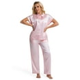 thumbnail image 5 of DAKIMOE Silk Satin Pajamas Set for Women Two-Piece Sleepwear Short Sleeve Pjs Soft Button Down Shirt and Wide Leg Long Pants with Pockets, 5 of 7