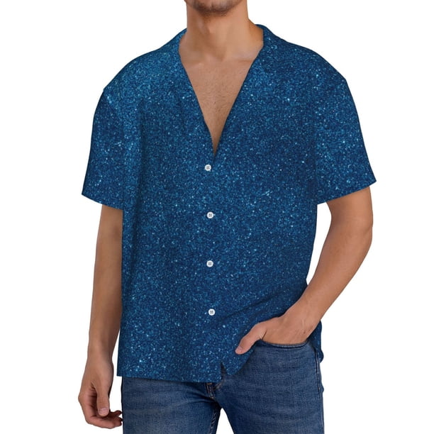 Fotbe Deep Blue Glitter Camisa Estampada de Manga Corta para Hombre, Casual de Verano, Estilo Playero, Sin Arrugas-Medium
