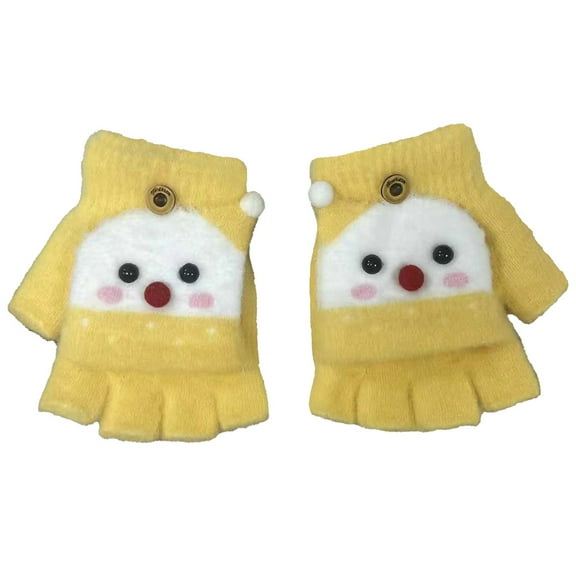 Btomtd Ctue Knitted Gloves with Open Finger Top and Half Finger Design, Winter Gloves in Seasonal Themes for Teens and Kids, Yellow